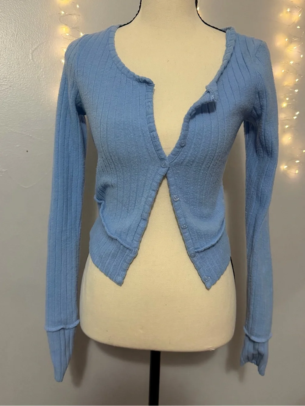 Light Blue Ribbed Button-Front Women’s Sweater - Picture 2 of 3